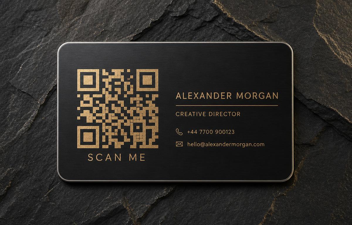 Rich Players metal card reverse: gold laser-engraved QR code with SCAN ME and engraved profile details